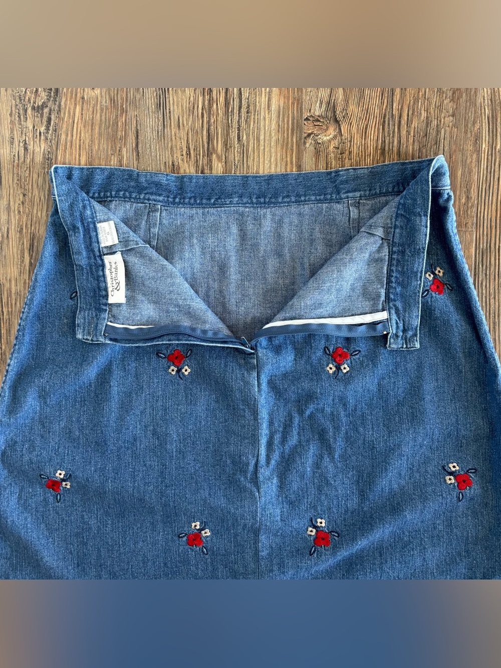 Vtg Christopher & Banks Floral Embroidered Blue Denim Maxi Jean Skirt Womens 14 - Picture 8 of 10